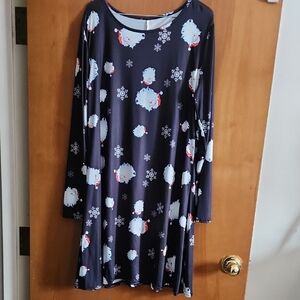 Navy Blue Long Sleeve Dress with Santa Print